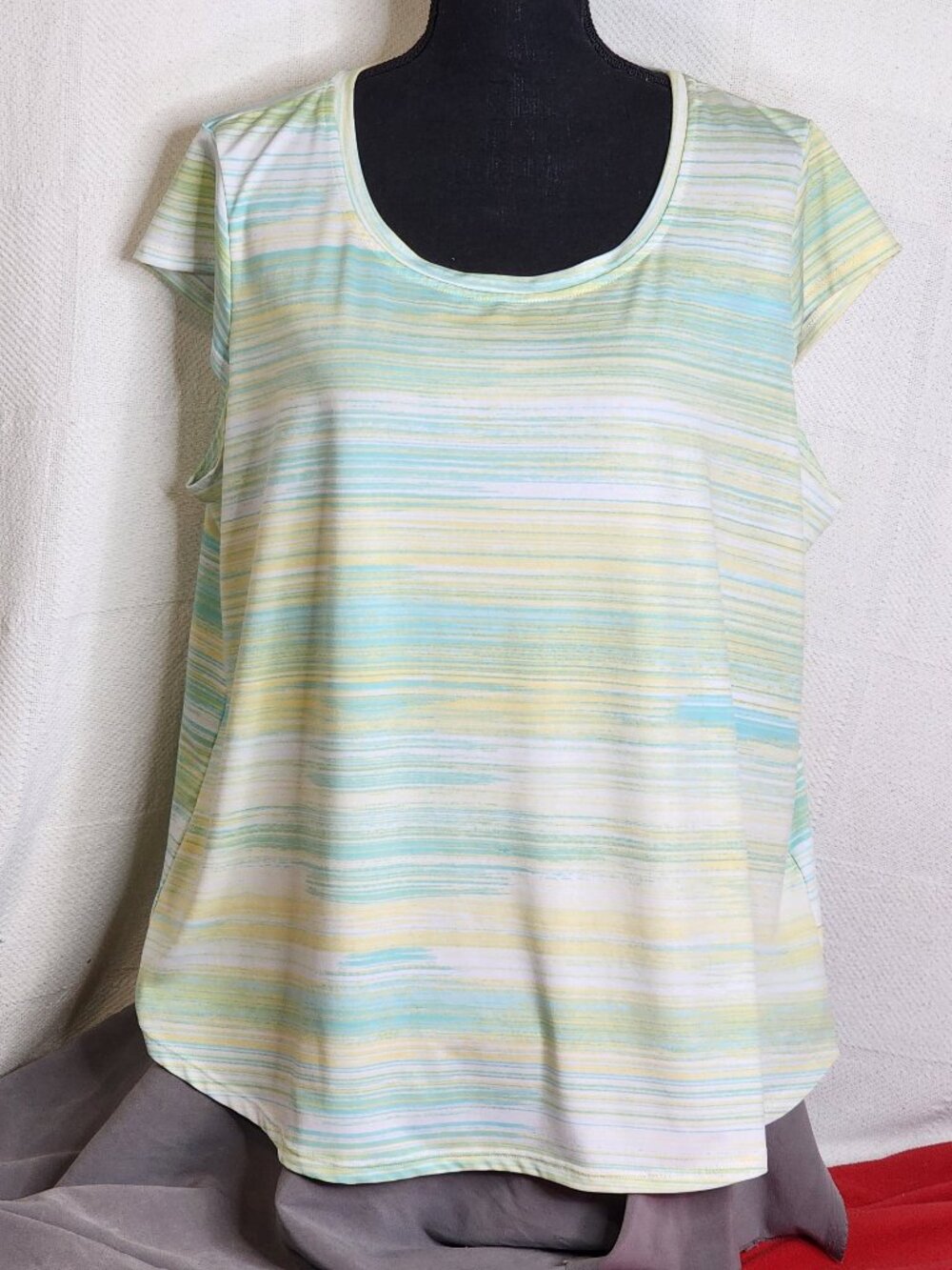 Emaline Sea Green Yellow Sketch Stripe Poly Span Cap Sleeve Scoop Neck Top Sz 1X